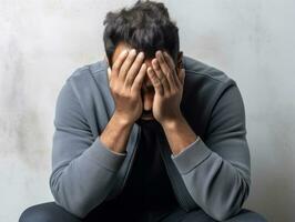 Mexican man in emotional pose on white background AI Generative photo