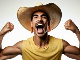 mexicano hombre en emocional actitud en blanco antecedentes ai generativo foto