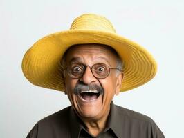 mexicano hombre en emocional actitud en blanco antecedentes ai generativo foto