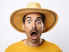 mexicano hombre en emocional actitud en blanco antecedentes ai generativo foto