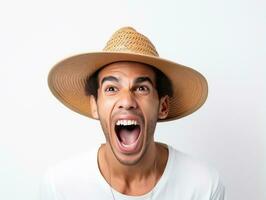 Mexican man in emotional pose on white background AI Generative photo
