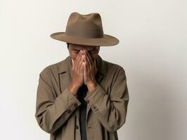 Mexican man in emotional pose on white background AI Generative photo