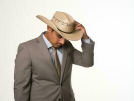 mexicano hombre en emocional actitud en blanco antecedentes ai generativo foto