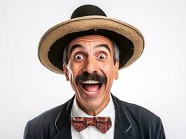 mexicano hombre en emocional actitud en blanco antecedentes ai generativo foto