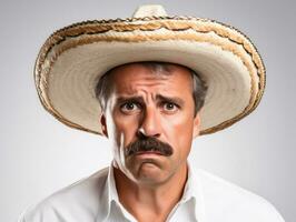 mexicano hombre en emocional actitud en blanco antecedentes ai generativo foto