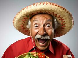 Mexican man in emotional pose on white background AI Generative photo