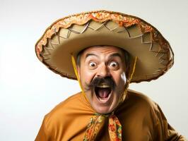 mexicano hombre en emocional actitud en blanco antecedentes ai generativo foto