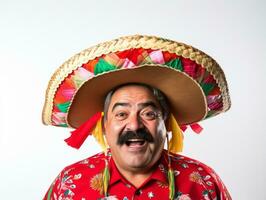 Mexican man in emotional pose on white background AI Generative photo