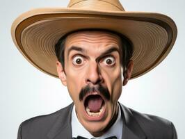 mexicano hombre en emocional actitud en blanco antecedentes ai generativo foto