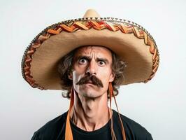 mexicano hombre en emocional actitud en blanco antecedentes ai generativo foto