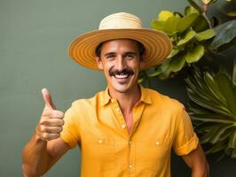 Mexican man in playful pose on solid background AI Generative photo