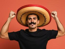 Mexican man in playful pose on solid background AI Generative photo