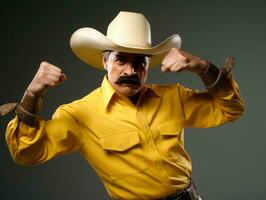 Mexican man in playful pose on solid background AI Generative photo