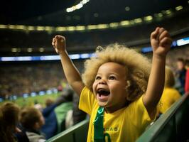 brasileño niño celebra su fútbol equipos victoria ai generativo foto