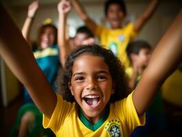 brasileño niño celebra su fútbol equipos victoria ai generativo foto