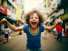 Brazilian kid celebrates his soccer teams victory AI Generative photo