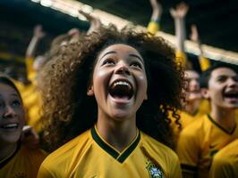 brasileño niño celebra su fútbol equipos victoria ai generativo foto