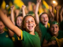 Brazilian kid celebrates his soccer teams victory AI Generative photo