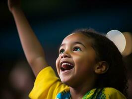 brasileño niño celebra su fútbol equipos victoria ai generativo foto