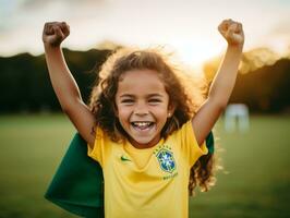 Brazilian kid celebrates his soccer teams victory AI Generative photo