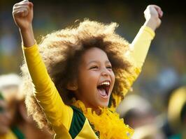 brasileño niño celebra su fútbol equipos victoria ai generativo foto