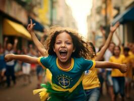 Brazilian kid celebrates his soccer teams victory AI Generative photo