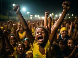 Brazilian kid celebrates his soccer teams victory AI Generative photo