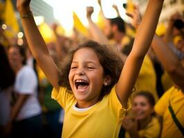 Brazilian kid celebrates his soccer teams victory AI Generative photo