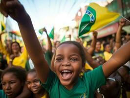 brasileño niño celebra su fútbol equipos victoria ai generativo foto