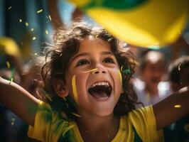 brasileño niño celebra su fútbol equipos victoria ai generativo foto