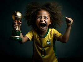 brasileño niño celebra su fútbol equipos victoria ai generativo foto