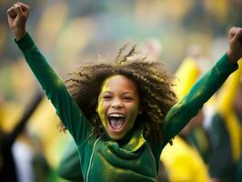 Brazilian kid celebrates his soccer teams victory AI Generative photo