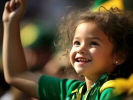 brasileño niño celebra su fútbol equipos victoria ai generativo foto