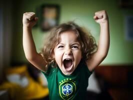 brasileño niño celebra su fútbol equipos victoria ai generativo foto