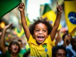 brasileño niño celebra su fútbol equipos victoria ai generativo foto