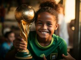 brasileño niño celebra su fútbol equipos victoria ai generativo foto