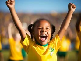 Brazilian kid celebrates his soccer teams victory AI Generative photo