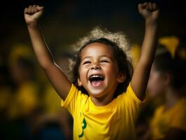 Brazilian kid celebrates his soccer teams victory AI Generative photo