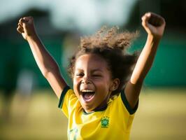 Brazilian kid celebrates his soccer teams victory AI Generative photo