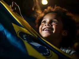 brasileño niño celebra su fútbol equipos victoria ai generativo foto