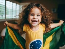 Brazilian kid celebrates his soccer teams victory AI Generative photo