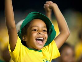 Brazilian kid celebrates his soccer teams victory AI Generative photo