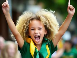 Brazilian kid celebrates his soccer teams victory AI Generative photo