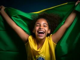 Brazilian kid celebrates his soccer teams victory AI Generative photo