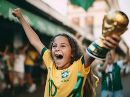 brasileño niño celebra su fútbol equipos victoria ai generativo foto