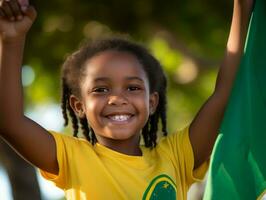 Brazilian kid celebrates his soccer teams victory AI Generative photo