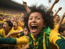 Brazilian kid celebrates his soccer teams victory AI Generative photo