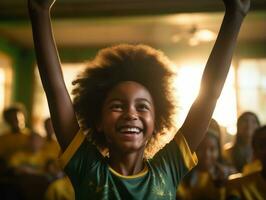 Brazilian kid celebrates his soccer teams victory AI Generative photo