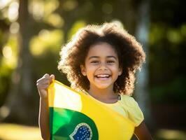 Brazilian kid celebrates his soccer teams victory AI Generative photo