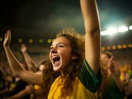 Brazilian kid celebrates his soccer teams victory AI Generative photo